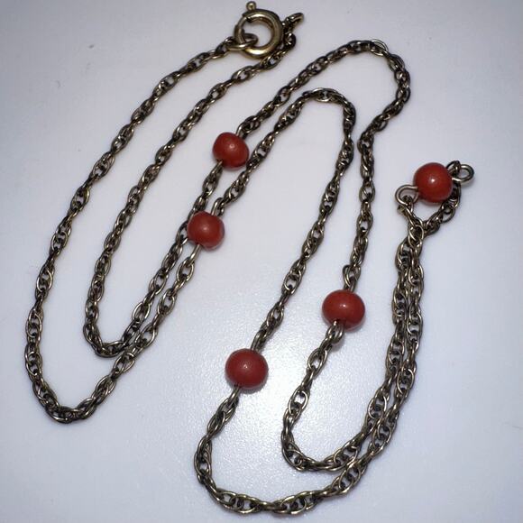 Vintage 12kt gold filled genuine red coral beads beaded station chain necklace - Picture 2 of 8